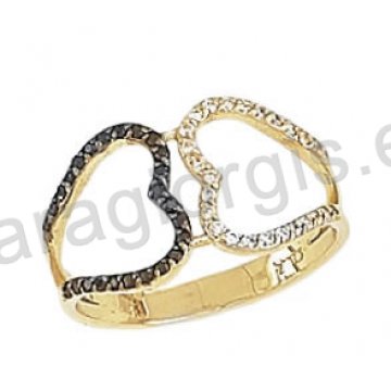 Μοντέρνο εντυπωσιακό δαχτυλίδι Κ14 χρυσό με άσπρες και μαύρες πέτρες ζιργκόν και μαύρο πλατίνωμα