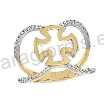 Μοντέρνο εντυπωσιακό δαχτυλίδι Κ14 χρυσό με σταυρό τύπου Gavello με άσπρες πέτρες ζιργκόν 