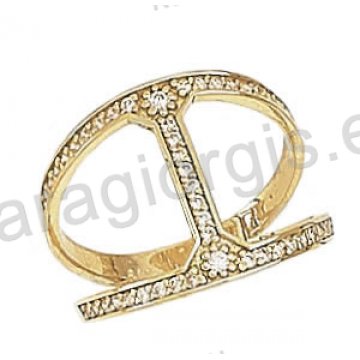 Μοντέρνο εντυπωσιακό δαχτυλίδι Κ14 χρυσό με άσπρες πέτρες ζιργκόν