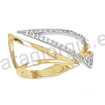Μοντέρνο εντυπωσιακό δαχτυλίδι Κ14 δίχρωμο χρυσό με λευκόχρυσο με άσπρες πέτρες ζιργκόν