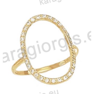 Μοντέρνο εντυπωσιακό δαχτυλίδι Κ14 χρυσό με άσπρες πέτρες ζιργκόν