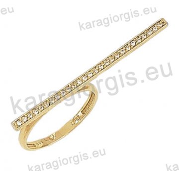 Μοντέρνο εντυπωσιακό δαχτυλίδι με μπάρα Κ14 χρυσό με άσπρες πέτρες ζιργκόν