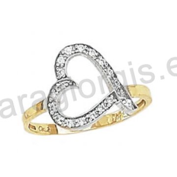 Μοντέρνο εντυπωσιακό δαχτυλίδι Κ14 δίχρωμο χρυσό με λευκόχρυσο με καρδιά με άσπρες πέτρες ζιργκόν