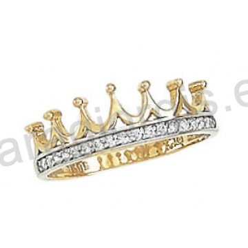 Μοντέρνο εντυπωσιακό δαχτυλίδι Κ14 χρυσό με κορώνα με άσπρες πέτρες ζιργκόν