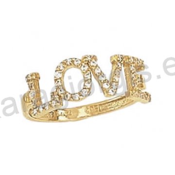 Μοντέρνο εντυπωσιακό δαχτυλίδι Κ14 χρυσό με λογότυπο LOVE με άσπρες πέτρες ζιργκόν