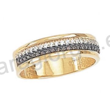 Μοντέρνο εντυπωσιακό σειρέ δαχτυλίδι Κ14 χρυσό με άσπρες και μαύρες πέτρες ζιργκόν και μαύρο πλατίνωμα