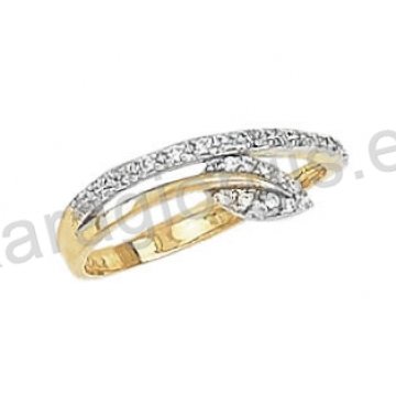 Μοντέρνο εντυπωσιακό δαχτυλίδι Κ14 δίχρωμο χρυσό με λευκόχρυσο με φυλλαράκι με άσπρες πέτρες ζιργκόν