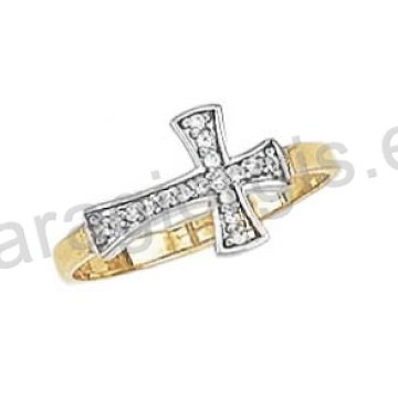 Μοντέρνο εντυπωσιακό δαχτυλίδι Κ14 δίχρωμο χρυσό με λευκόχρυσο με σταυρό με άσπρες πέτρες ζιργκόν