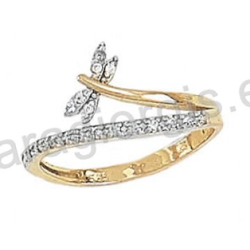 Μοντέρνο εντυπωσιακό δαχτυλίδι Κ14 δίχρωμο χρυσό με λευκόχρυσο με λιβελούλα με άσπρες πέτρες ζιργκόν