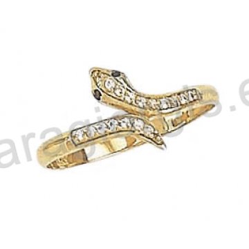Μοντέρνο εντυπωσιακό δαχτυλίδι Κ14 χρυσό με φίδι με άσπρες και μαύρες πέτρες ζιργκόν