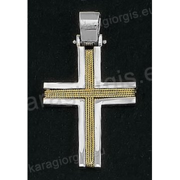 Βαπτιστικός σταυρός για αγόρι Κ14 συρμάτινος δίχρωμος λευκόχρυσος με χρυσό σύρμα δουλεμένο στο χέρι