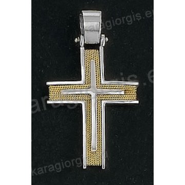 Βαπτιστικός σταυρός για αγόρι Κ14 συρμάτινος δίχρωμος λευκόχρυσος με χρυσό σύρμα δουλεμένο στο χέρι και ένθετο λευκόχρυσο σταυρό