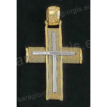 Βαπτιστικός σταυρός για αγόρι Κ14 συρμάτινος δίχρωμος χρυσός με χρυσό σύρμα δουλεμένο στο χέρι και ένθετο λευκόχρυσο σταυρό