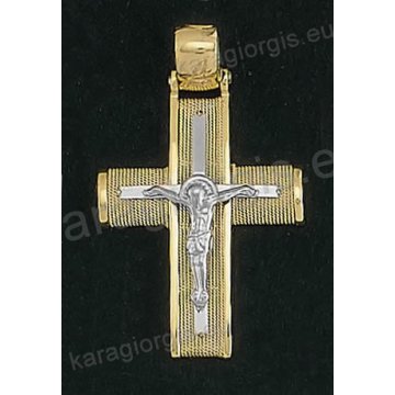 Βαπτιστικός σταυρός για αγόρι Κ14 συρμάτινος δίχρωμος χρυσός με χρυσό σύρμα δουλεμένο στο χέρι και ένθετο λευκόχρυσο εσταυρωμένο