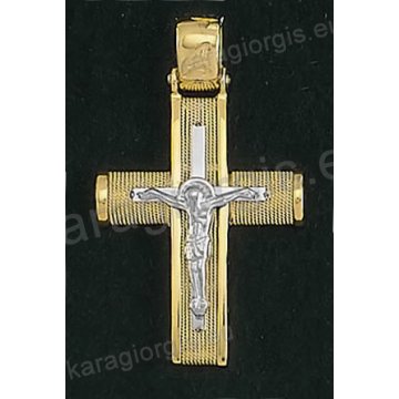 Βαπτιστικός σταυρός για αγόρι Κ14 συρμάτινος δίχρωμος Με δώρο την αλυσίδα χρυσός με χρυσό σύρμα δουλεμένο στο χέρι και ένθετο λευκόχρυσο εσταυρωμένο