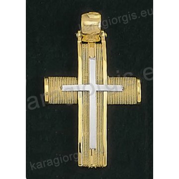 Βαπτιστικός σταυρός για αγόρι Κ14 συρμάτινος δίχρωμος χρυσός με χρυσό σύρμα δουλεμένο στο χέρι και ένθετο λευκόχρυσο σταυρό Με δώρο την αλυσίδα 
