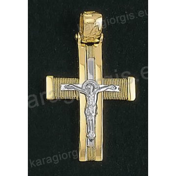 Βαπτιστικός σταυρός για αγόρι Κ14 συρμάτινος δίχρωμος χρυσός με χρυσό σύρμα δουλεμένο στο χέρι και ένθετο λευκόχρυσο εσταυρωμένο Με δώρο την αλυσίδα