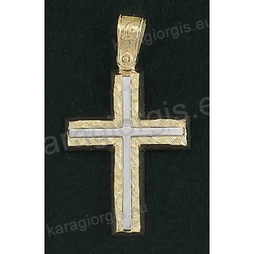 Βαπτιστικός σταυρός για αγόρι Κ14 δίχρωμος χρυσός με ένθετο λευκόχρυσο σταυρό με γραμμωτό σαγρέ φινίρισμα