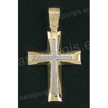 Βαπτιστικός σταυρός για αγόρι Κ14 δίχρωμος χρυσός με ένθετο λευκόχρυσο σταυρό με λουστρέ φινίρισμα