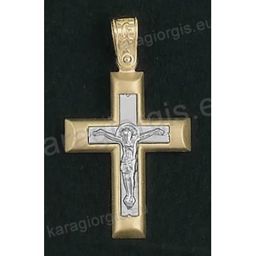 Βαπτιστικός σταυρός για αγόρι Κ14 δίχρωμος χρυσός με ένθετο λευκόχρυσο εσταυρωμένο με ματ φινίρισμα