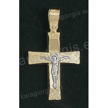 Βαπτιστικός σταυρός για αγόρι Κ14 δίχρωμος χρυσός με ένθετο λευκόχρυσο εσταυρωμένο με λουστρέ και γραμμωτό σαγρέ φινίρισμα