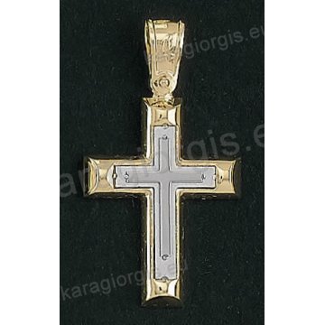 Βαπτιστικός σταυρός για αγόρι Κ14 δίχρωμος χρυσός με ένθετο λευκόχρυσο σταυρό με λουστρέ φινίρισμα