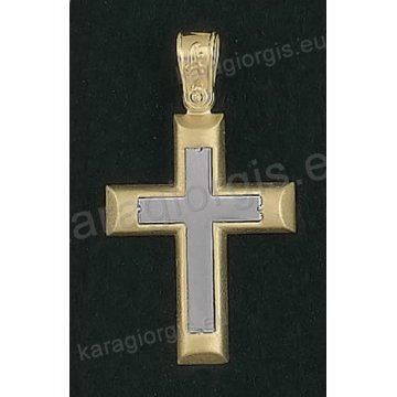 Βαπτιστικός σταυρός για αγόρι Κ14 δίχρωμος χρυσός με ένθετο λευκόχρυσο σταυρό με ματ φινίρισμα
