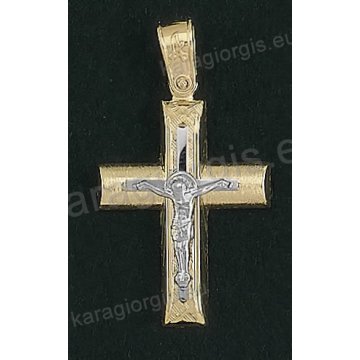 Βαπτιστικός σταυρός για αγόρι Κ14 δίχρωμος χρυσός με ένθετο λευκόχρυσο εσταυρωμένο με διαμαντέ και γραμμωτό σαγρέ φινίρισμα