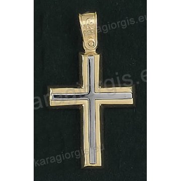 Βαπτιστικός σταυρός για αγόρι Κ14 δίχρωμος χρυσός με ένθετο λευκόχρυσο σταυρό με λουστρέ και ματ φινίρισμα