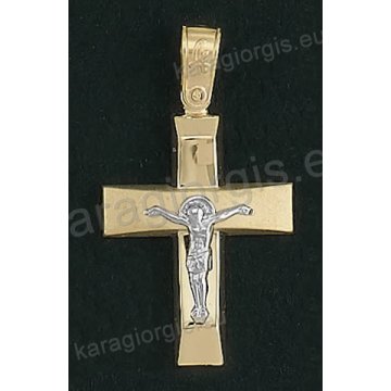 Βαπτιστικός σταυρός για αγόρι Κ14 δίχρωμος χρυσός με ένθετο λευκόχρυσο εσταυρωμένο με λουστρέ και ματ φινίρισμα