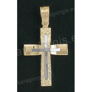 Βαπτιστικός σταυρός για αγόρι Κ14 δίχρωμος χρυσός με ένθετο λευκόχρυσο σταυρό με λουστρέ και γραμμωτό σαγρέ φινίρισμα