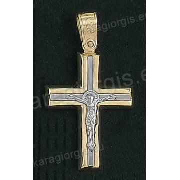 Βαπτιστικός σταυρός για αγόρι Κ14 δίχρωμος χρυσός με ένθετο λευκόχρυσο εσταυρωμένο με λουστρέ φινίρισμα