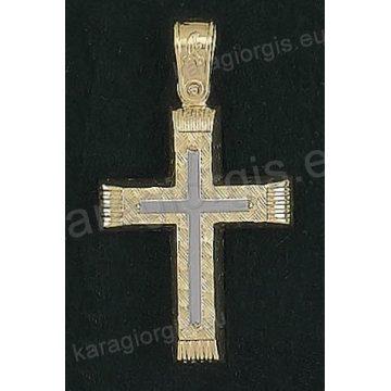 Βαπτιστικός σταυρός για αγόρι Κ14 δίχρωμος χρυσός με ένθετο λευκόχρυσο σταυρό με λουστρέ και γραμμωτό σαγρέ φινίρισμα