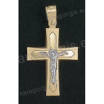 Βαπτιστικός σταυρός για αγόρι Κ14 δίχρωμος χρυσός με ένθετο λευκόχρυσο εσταυρωμένο με λουστρέ και ματ φινίρισμα