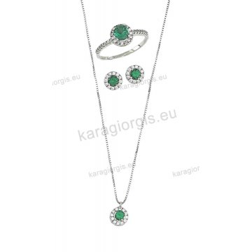Σετ αρραβώνα ή γάμου λευκόχρυσο κολιέ, σκουλαρίκια, δαχτυλίδι σε σχήμα ροζέτας με άσπρες και πράσινη στο χρώμα του σμαραγδιού ζιργκόν πέτρες