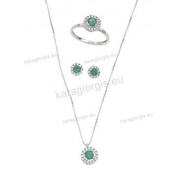 Σετ αρραβώνα ή γάμου κολιέ, σκουλαρίκια, δαχτυλίδι λευκόχρυσο σε σχήμα ροζέτας με άσπρες και πράσινες στο χρώμα του σμαραγδιού πέτρες ζιργκόν
