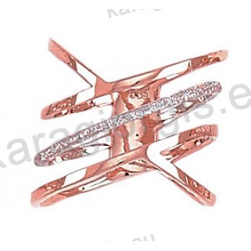 Μοντέρνο δαχτυλίδι τρίβερο Κ14 δίχρωμο ροζ χρυσό με λευκόχρυσο μαρτιλέ φινίρισμα