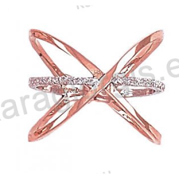 Μοντέρνο δαχτυλίδι τρίβερο χιαστί Κ14 δίχρωμο ροζ χρυσό με λευκόχρυσο μαρτιλέ φινίρισμα