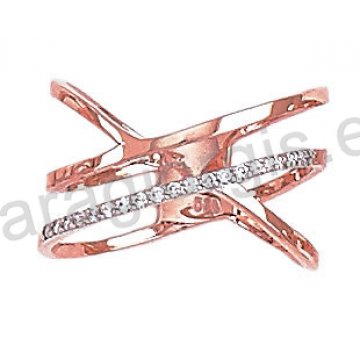 Μοντέρνο δαχτυλίδι τρίβερο Κ14 δίχρωμο ροζ χρυσό με λευκόχρυσο με άσπρες πέτρες ζιργκόν