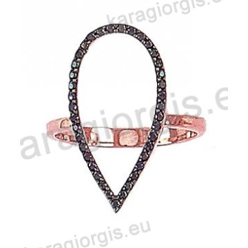 Μοντέρνο δαχτυλίδι Κ14 ροζ χρυσό με μαύρες πέτρες ζιργκόν και μαύρο πλατίνωμα