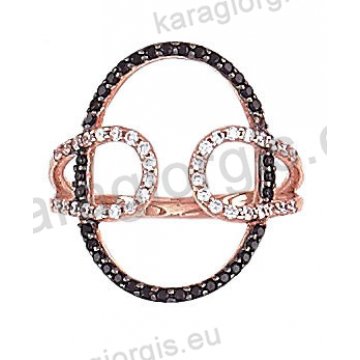 Μοντέρνο δαχτυλίδι Κ14 ροζ χρυσό με άσπρες, μαύρες πέτρες ζιργκόν και μαύρο πλατίνωμα