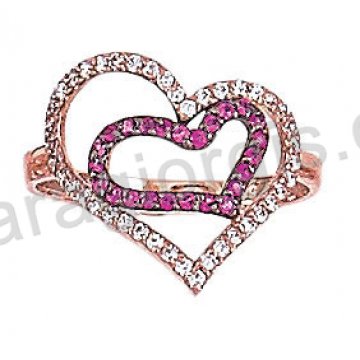 Μοντέρνο δαχτυλίδι με δύο καρδιές Κ14 ροζ χρυσό με άσπρες, κόκκινες πέτρες ζιργκόν και μαύρο πλατίνωμα