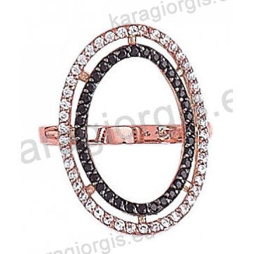 Μοντέρνο δαχτυλίδι Κ14 ροζ χρυσό με άσπρες, μαύρες πέτρες ζιργκόν και μαύρο πλατίνωμα