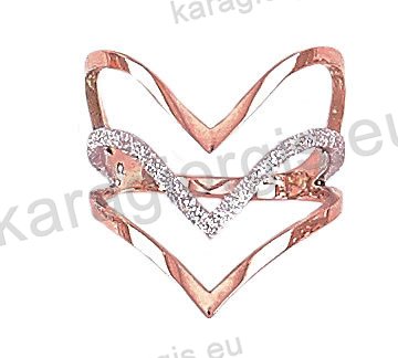Μοντέρνο δαχτυλίδι Κ14 δίχρωμο ροζ χρυσό με λευκόχρυσο μαρτιλέ φινίρισμα