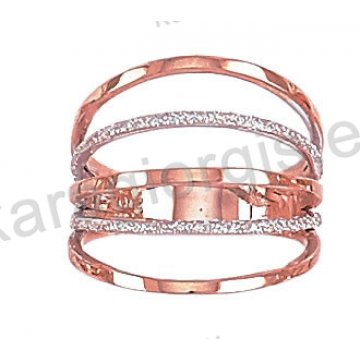 Μοντέρνο δαχτυλίδι Κ14 δίχρωμο ροζ χρυσό με λευκόχρυσο μαρτιλέ φινίρισμα