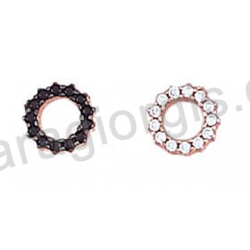 Σκουλαρίκια ροζ gold Κ14 σε σχήμα κύκλου με μαύρες ή άσπρες πέτρες ζιργκόν