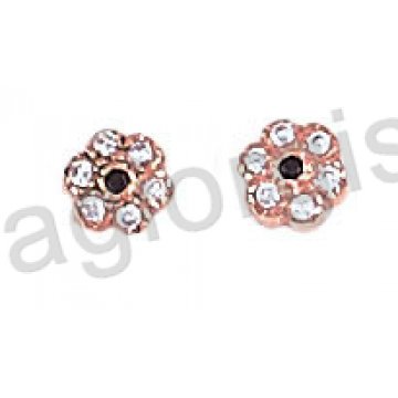 Σκουλαρίκια ροζ gold Κ14 σε στρογγυλό μοτιφάκι με άσπρες πέτρες ζιργκόν
