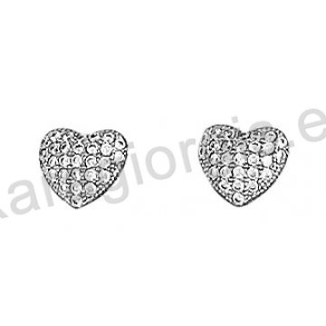 Σκουλαρίκια λευκόχρυσα Κ14 σε σχήμα καρδιάς με άσπρες πέτρες ζιργκόν