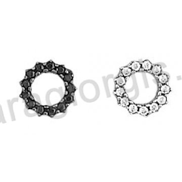 Σκουλαρίκια λευκόχρυσα Κ14 σε σχήμα κύκλου με άσπρες ή μαύρες πέτρες ζιργκόν και μαύρο πλατίνωμα