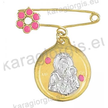 Παραμάνα για κορίτσι - φυλαχτό Κ14 δίχρωμη χρυσή με λευκόχρυση ανάγλυφη Παναγίτσα με Χριστούλη σε παραμάνα με λουλουδάκι με σμάλτο